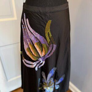 Cynthia Rowley Black Embellished Sequin Floral Skirt, Side Zip, Sz 8, Cotton